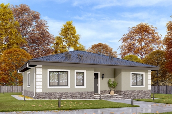 Rg6562 - Одноэтажный дом с террасой, тремя спальнями и отделкой штукатуркой.