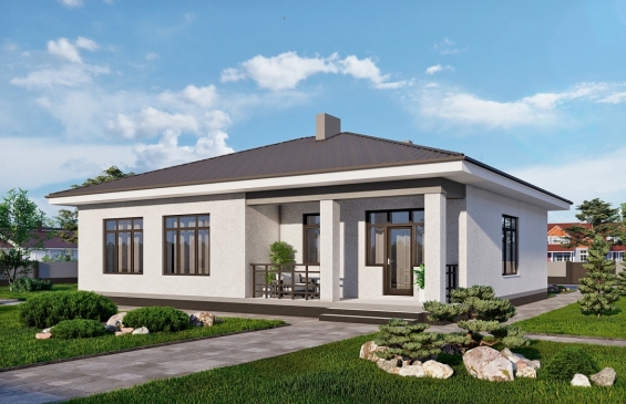 Одноэтажный дом с террасой, тремя спальнями и отделкой штукатуркой Rg6571